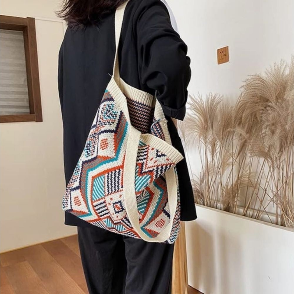 Bohemian knit tribal handbag Tote Bag turquoise coral cream - Picture 4 of 7